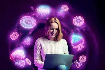 1111BTE Slots — Thousands of thrilling machines await A woman smiling by bright slot machines showing lucky symbols, showcasing the exciting slot offerings at 1111BTE.